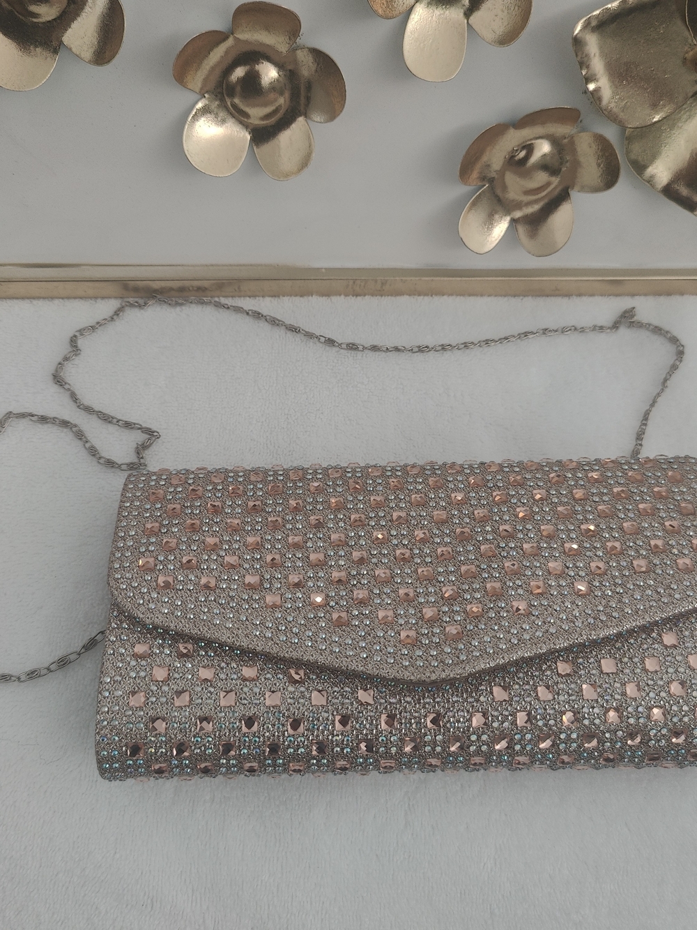 Source Unknown Rose Gold Crystal Evening Clutch with Chain